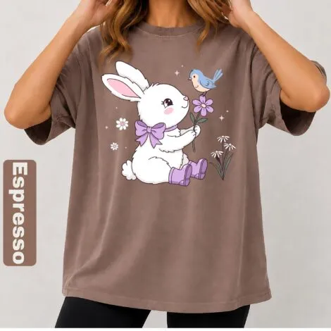 Cute Bunny with Bird and Flower Shirt - Artvage Graphic Tee
